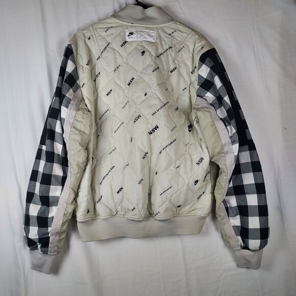 Nike Sportswear Bomber Jacket Small Beige Black White Checkered Sleeve BV4532-07 - Picture 2 of 12